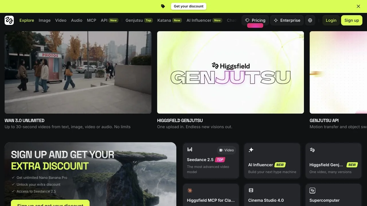 Interface publique de Higgsfield AI : outils de création d’images et de vidéos, dont Genjutsu et Cinema Studio